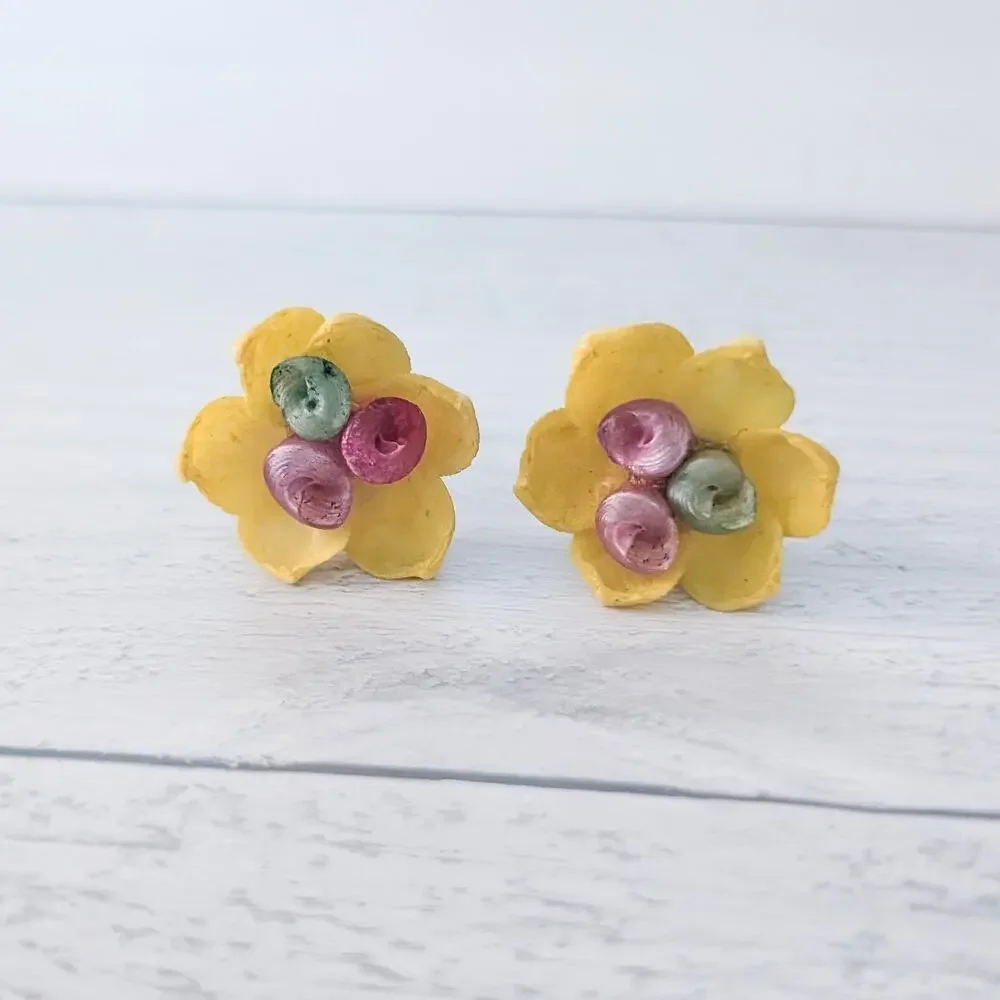 Vintage Screw On Earrings Yellow Flower? - Fair Condition